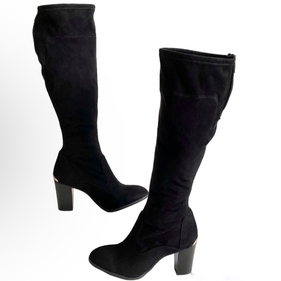 Marc Fisher black suede knee high boots with gold accents - Picture 1 of 9